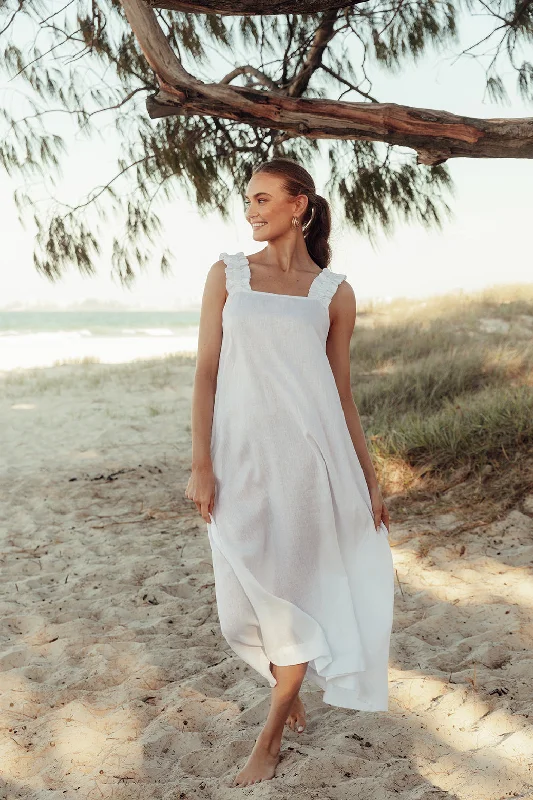 Strapless Women Dress with a Built - in Bra for Comfort and SupportStrapless Women Dress with a Built - in Bra for Comfort and SupportClaire Maxi Linen Dress in White