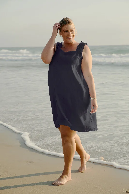 Lace - Embellished Women Dress for an Elegant and Sophisticated AppearanceLace - Embellished Women Dress for an Elegant and Sophisticated AppearanceClaire Short Linen Dress in Navy