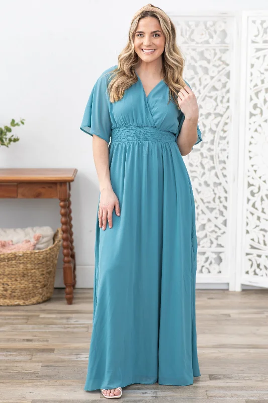 Ball Gown Women Dress with a Full Skirt for a Princess - like LookDusty Teal Leg Slit Maxi Dress