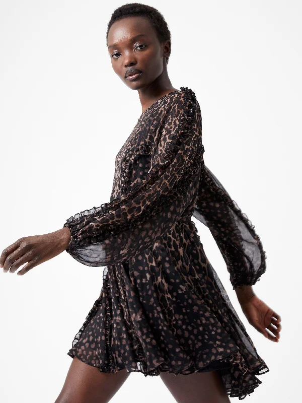 Printed Abstract Women Dress for a Modern and Artistic AppealPrinted Abstract Women Dress for a Modern and Artistic AppealEmina Chiffon Leopard Print Long Sleeve Mini Dress