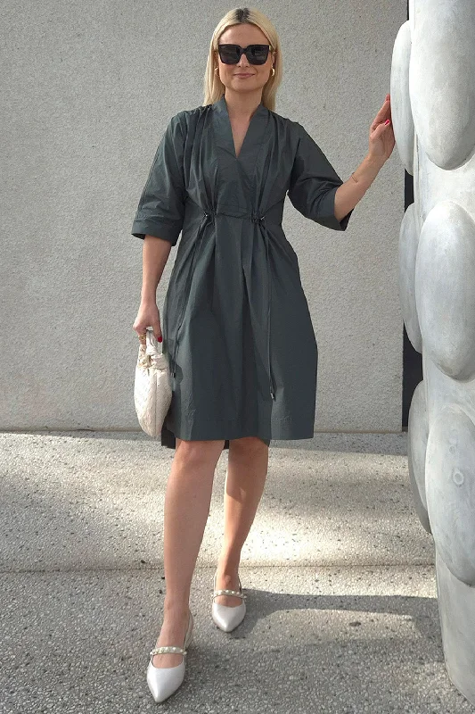 Lace - Embellished Women Dress for an Elegant and Sophisticated AppearanceLace - Embellished Women Dress for an Elegant and Sophisticated AppearanceFinley Poplin Short Kaftan Dress in Bottle Green