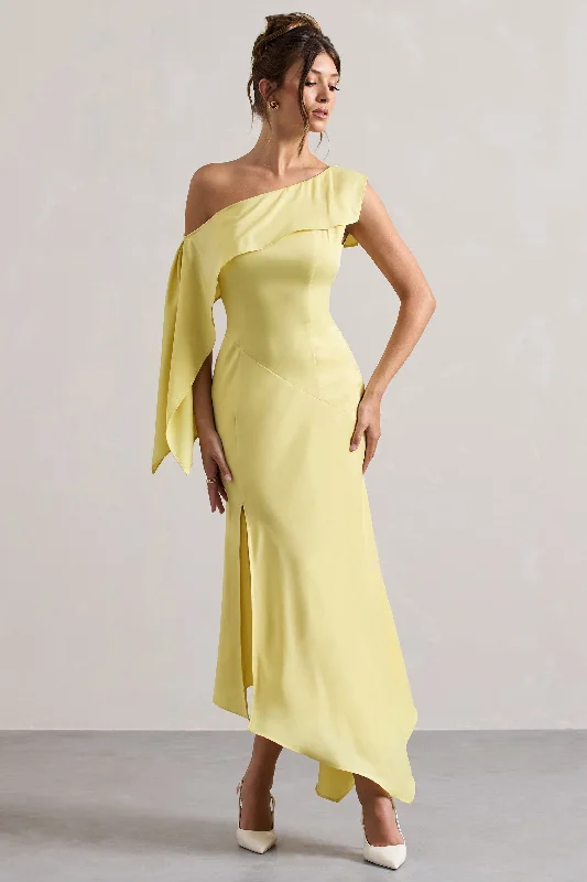 Ball Gown Women Dress with a Full Skirt for a Princess - like LookFreesia | Lemon Satin Asymmetric Draped Split Maxi Dress