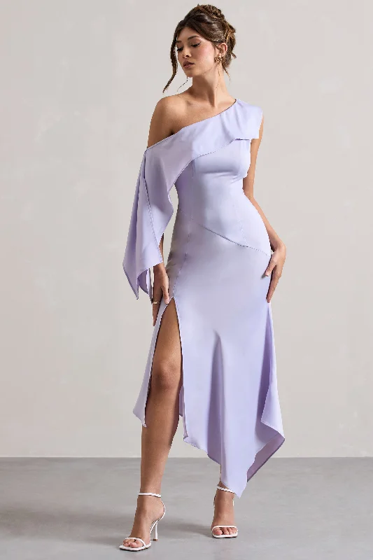 Printed Abstract Women Dress for a Modern and Artistic AppealFreesia | Lilac Satin Asymmetric Draped Split Maxi Dress