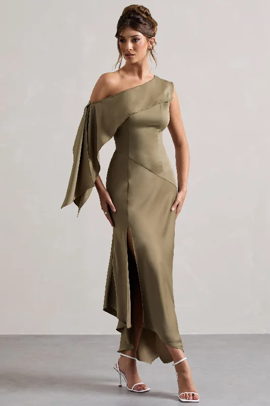 Lace - Embellished Women Dress for an Elegant and Sophisticated AppearanceFreesia | Olive Satin Asymmetric Draped Split Maxi Dress