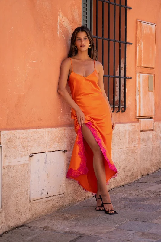 Off - the - Shoulder Women Dress for a Romantic and Feminine LookGigi Orange Satin Maxi Dress