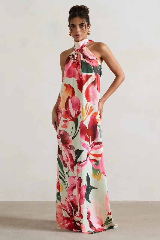 Off - the - Shoulder Women Dress for a Romantic and Feminine LookOff - the - Shoulder Women Dress for a Romantic and Feminine LookGloriana | Mint Floral Print Satin High-Neck Maxi Dress