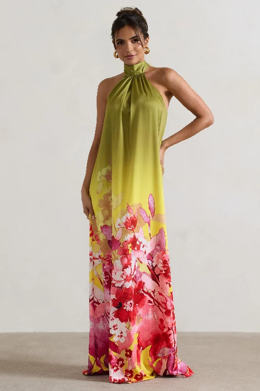 Ball Gown Women Dress with a Full Skirt for a Princess - like LookBall Gown Women Dress with a Full Skirt for a Princess - like LookGloriana | Pink and Green Floral Print Satin High-Neck Maxi Dress