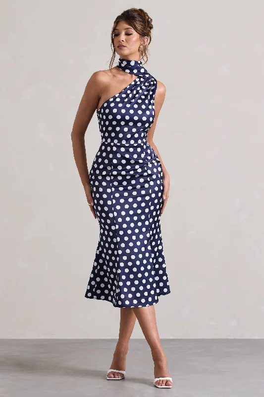 Plus Size Women Dress with a Flattering A - Line Cut for Comfort and StylePlus Size Women Dress with a Flattering A - Line Cut for Comfort and StyleGolden Girl | Navy Polka Dot Asymmetric High-Neck Flared Midi Dress