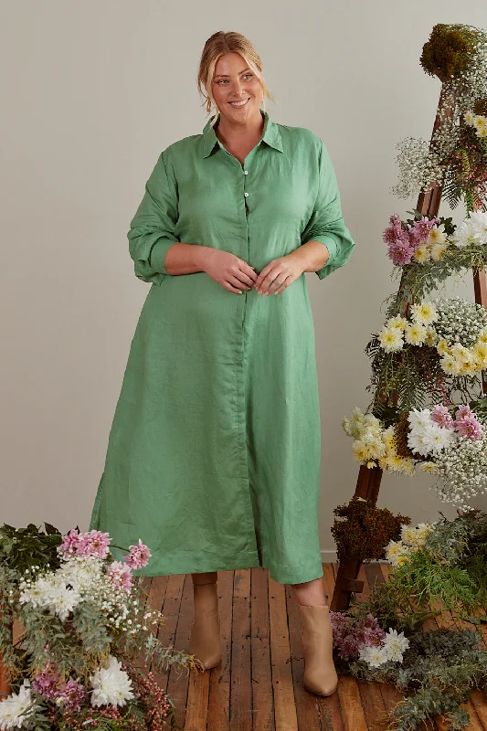 Plus Size Women Dress with a Flattering A - Line Cut for Comfort and StyleGracie Long Sleeve Linen Dress in Jadesheen