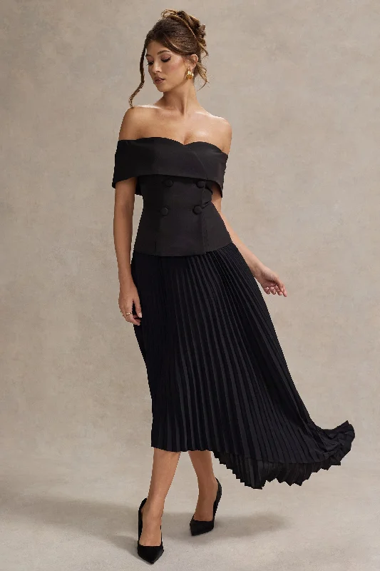 Empire Waist Women Dress to Accentuate the Bust and Conceal the WaistEmpire Waist Women Dress to Accentuate the Bust and Conceal the WaistHattie | Black Bardot Tailored Maxi Dress With Plisse Skirt