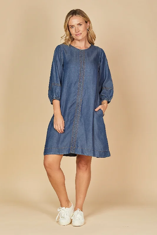 Lace - Embellished Women Dress for an Elegant and Sophisticated AppearanceLace - Embellished Women Dress for an Elegant and Sophisticated AppearanceHazel Short Shift Tencel Dress in Mid Wash