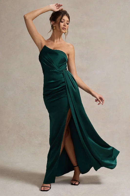 Pleated Women Dress with a Timeless and Elegant TexturePleated Women Dress with a Timeless and Elegant TextureHollywood | Bottle Green Satin Strapless Draped Maxi Dress