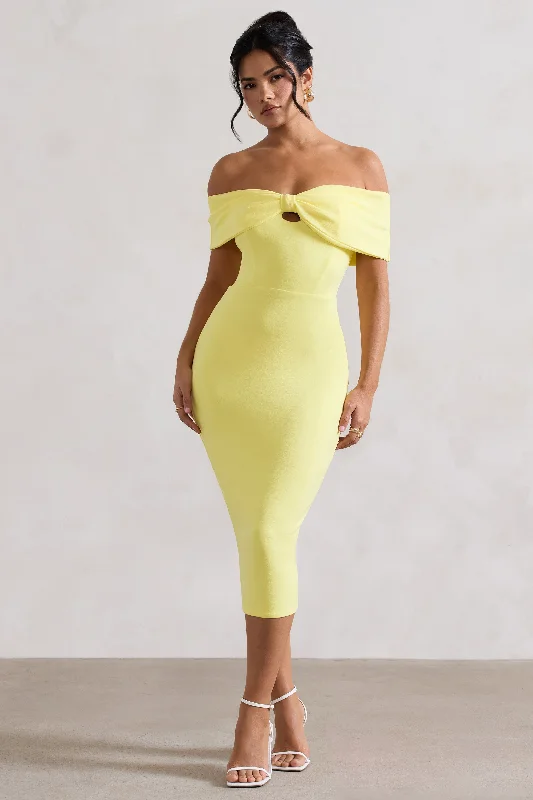 Sleeveless Women Dress in Bright Colors for Summer PartiesSleeveless Women Dress in Bright Colors for Summer PartiesHope | Lemon Bow Bardot Midi Dress