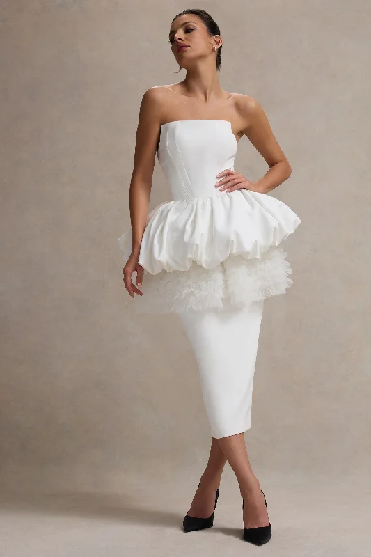Lace - Embellished Women Dress for an Elegant and Sophisticated AppearanceLace - Embellished Women Dress for an Elegant and Sophisticated AppearanceJones | White Strapless Midi Dress With Tulle Peplum Waist