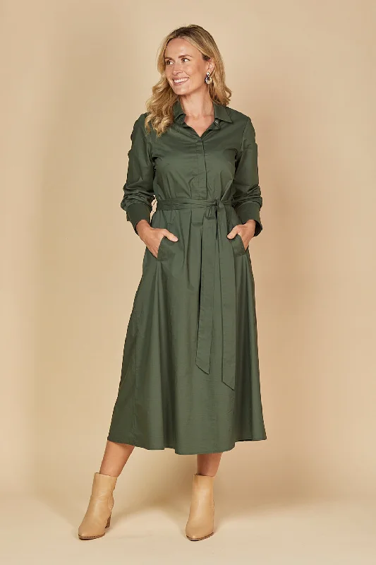 Off - the - Shoulder Women Dress for a Romantic and Feminine LookKelly Poplin Dress in Bottle Green