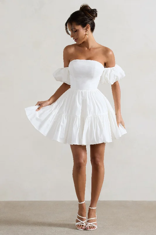 Strapless Women Dress with a Built - in Bra for Comfort and SupportStrapless Women Dress with a Built - in Bra for Comfort and SupportLani | White Poplin Bardot Tiered Mini Dress With Puff Sleeves
