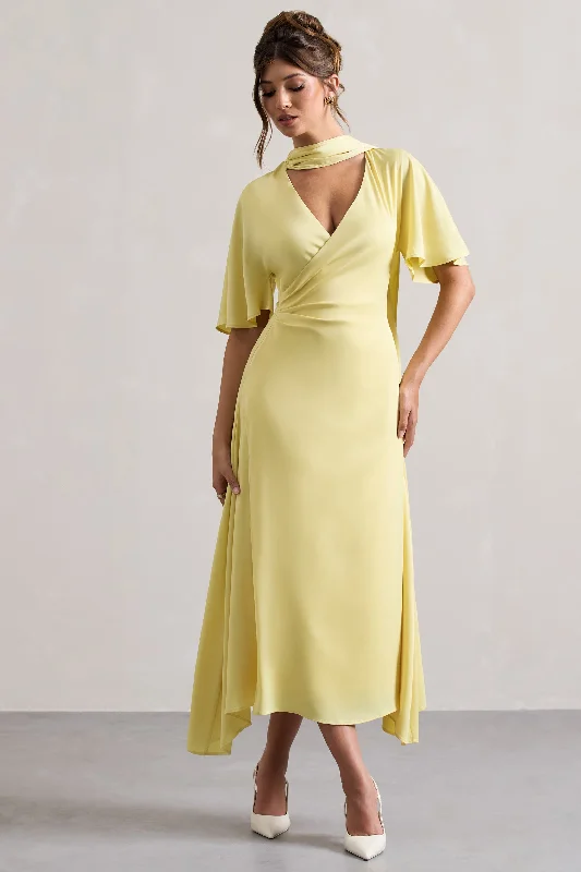 Pleated Women Dress with a Timeless and Elegant TextureLisette | Lemon Asymmetric Flutter-Sleeve Maxi Dress