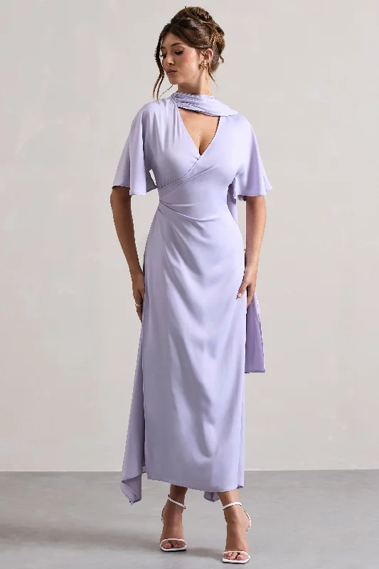 Mermaid - Style Women Dress with a Fitted Silhouette for Special OccasionsLisette | Lilac Asymmetric Flutter-Sleeve Maxi Dress