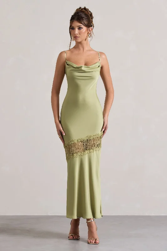 Printed Abstract Women Dress for a Modern and Artistic AppealPrinted Abstract Women Dress for a Modern and Artistic AppealMatera | Light Olive Satin Cowl-Neck Lace Trim Maxi Dress