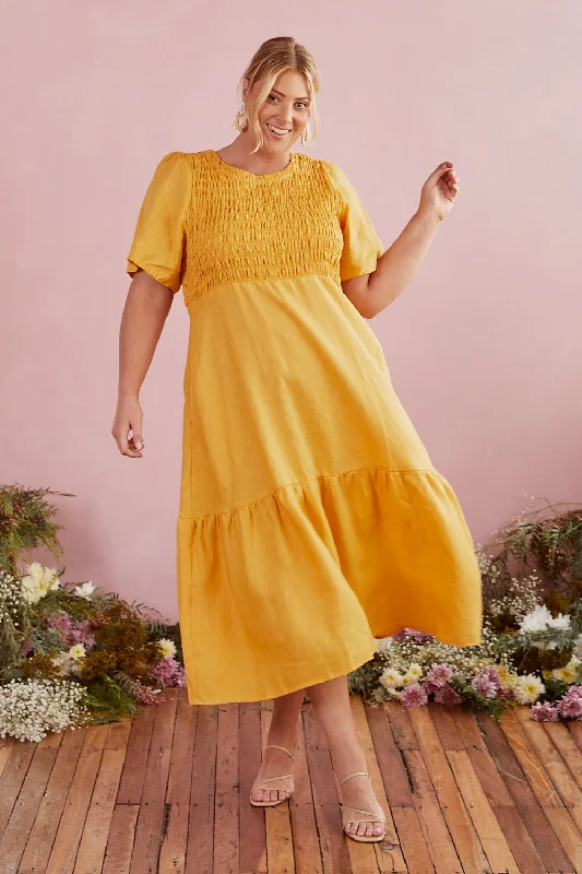 Sleeveless Women Dress in Bright Colors for Summer PartiesSleeveless Women Dress in Bright Colors for Summer PartiesMinden Shirred Linen Dress in Golden Hour