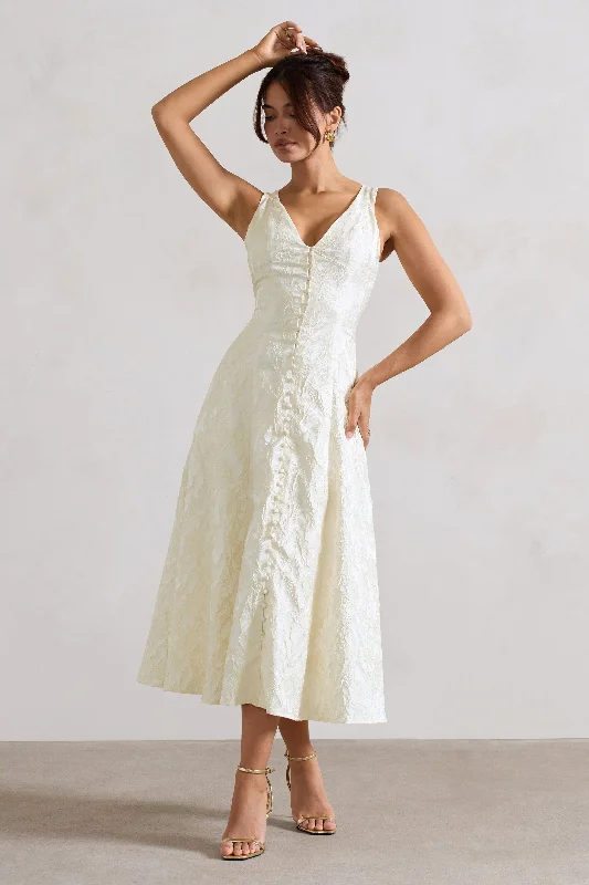 Strapless Women Dress with a Built - in Bra for Comfort and SupportStrapless Women Dress with a Built - in Bra for Comfort and SupportMona | Ecru Jacquard Plunge-Neck Button Midi Dress