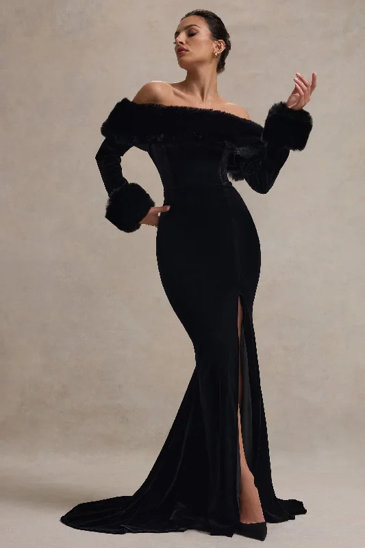 Empire Waist Women Dress to Accentuate the Bust and Conceal the WaistEmpire Waist Women Dress to Accentuate the Bust and Conceal the WaistMystique | Black Bardot Split Maxi Dress With Fur Trims