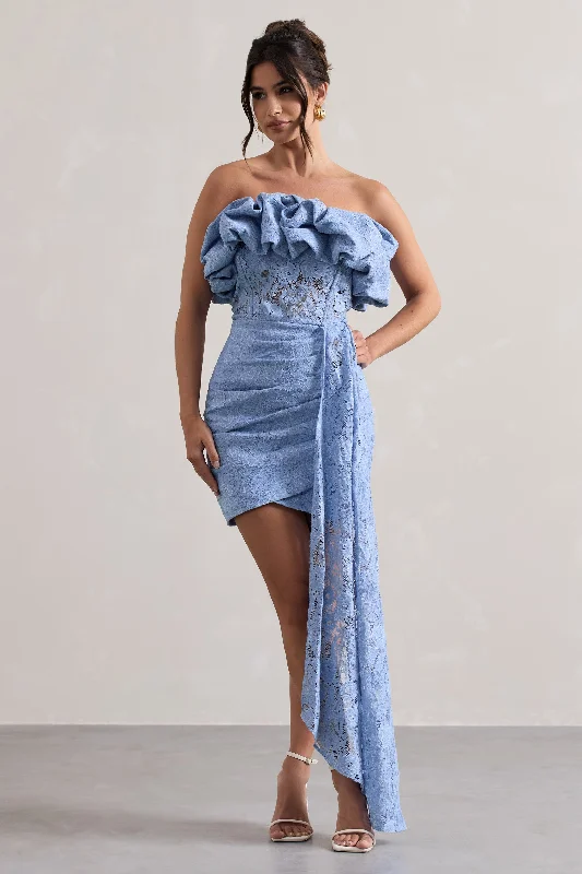 Backless Women Dress for a Sexy and Alluring Look at Evening EventsNeptune | Blue Lace Strapless Ruffled Mini Dress With Drape