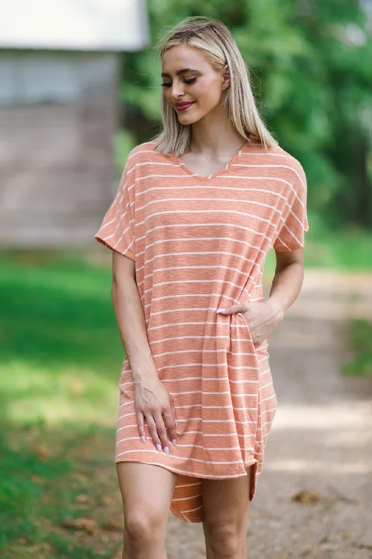 Lace - Embellished Women Dress for an Elegant and Sophisticated AppearanceOrange and White Stripe Short Sleeve Dress