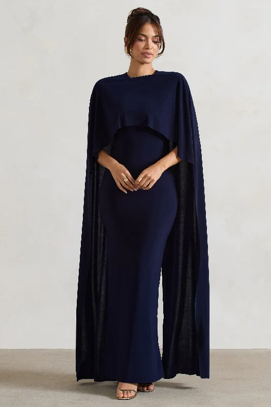 Plus Size Women Dress with a Flattering A - Line Cut for Comfort and StylePlus Size Women Dress with a Flattering A - Line Cut for Comfort and StylePadma | Navy Draped Maxi Dress With Cape Sleeves