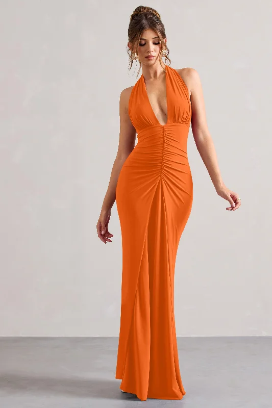 Ball Gown Women Dress with a Full Skirt for a Princess - like LookBall Gown Women Dress with a Full Skirt for a Princess - like LookPayton | Orange Ruched Halter-Neck Maxi Dress