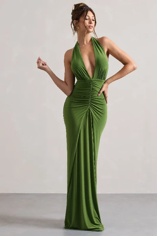 Backless Women Dress for a Sexy and Alluring Look at Evening EventsPayton | Palm Green Ruched Halter-Neck Maxi Dress