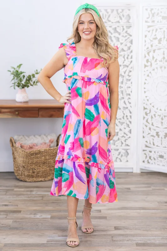 Backless Women Dress for a Sexy and Alluring Look at Evening EventsPink Multicolor Ruffle Straps Midi Dress