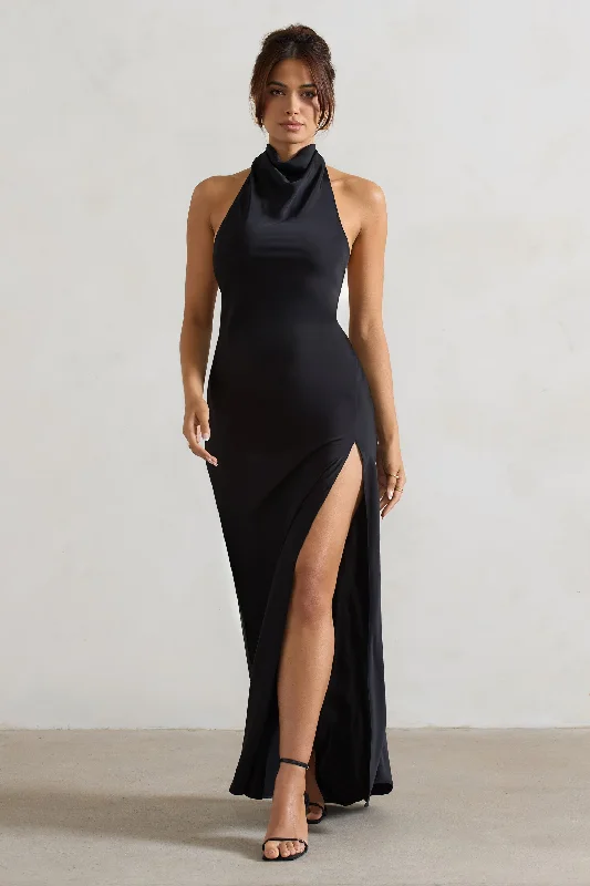 Long - Sleeve Women Dress in Velvet for a Luxurious Winter LookLong - Sleeve Women Dress in Velvet for a Luxurious Winter LookPriero | Black Cowl Halter-Neck Open Back Maxi Dress