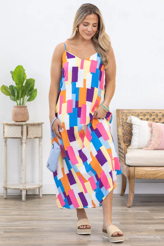 Shift Women Dress with a Simple and Classic Design for Everyday WearPurple Multicolor Square Print Maxi Dress