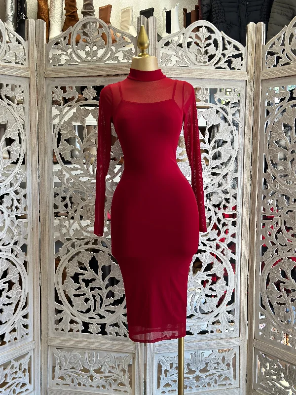 Pleated Women Dress with a Timeless and Elegant TextureRed Mesh Mock Neck Midi Dress