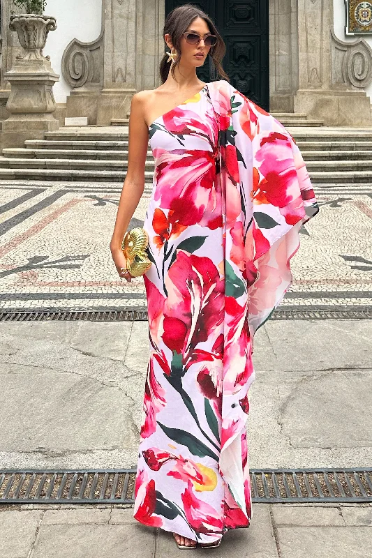 Plus Size Women Dress with a Flattering A - Line Cut for Comfort and StylePlus Size Women Dress with a Flattering A - Line Cut for Comfort and StyleSarita | Pink Floral Print One-Shoulder Cape Sleeve Maxi Dress