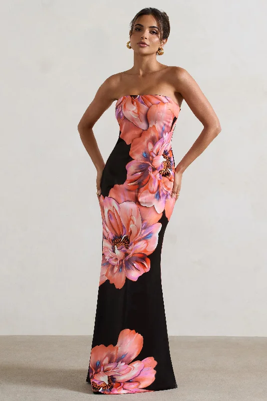 Off - the - Shoulder Women Dress for a Romantic and Feminine LookOff - the - Shoulder Women Dress for a Romantic and Feminine LookSofiane | Black & Pink Floral Print Bandeau Maxi Dress