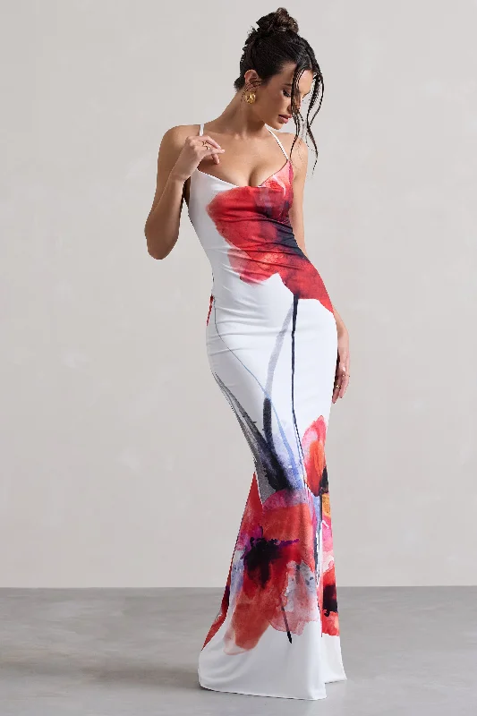Wrap - Style Women Dress with Adjustable Fit for All Body TypesWrap - Style Women Dress with Adjustable Fit for All Body TypesTamia | White Poppy Print Cowl-Neck Maxi Dress