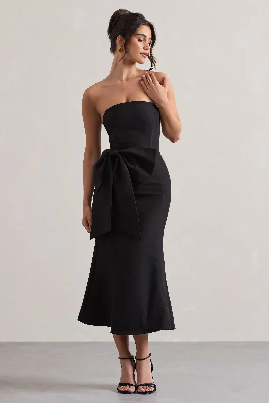 Off - the - Shoulder Women Dress for a Romantic and Feminine LookTo Me | Black Bandeau Midi Dress With Oversized Bow