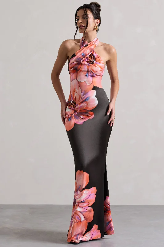 Lace - Embellished Women Dress for an Elegant and Sophisticated AppearanceLace - Embellished Women Dress for an Elegant and Sophisticated AppearanceTropicana | Pink Floral Satin Cross Over Halterneck Maxi Dress