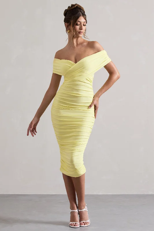 Backless Women Dress for a Sexy and Alluring Look at Evening EventsUnwrapped | Lemon Ruched Twist Bardot Midi Dress