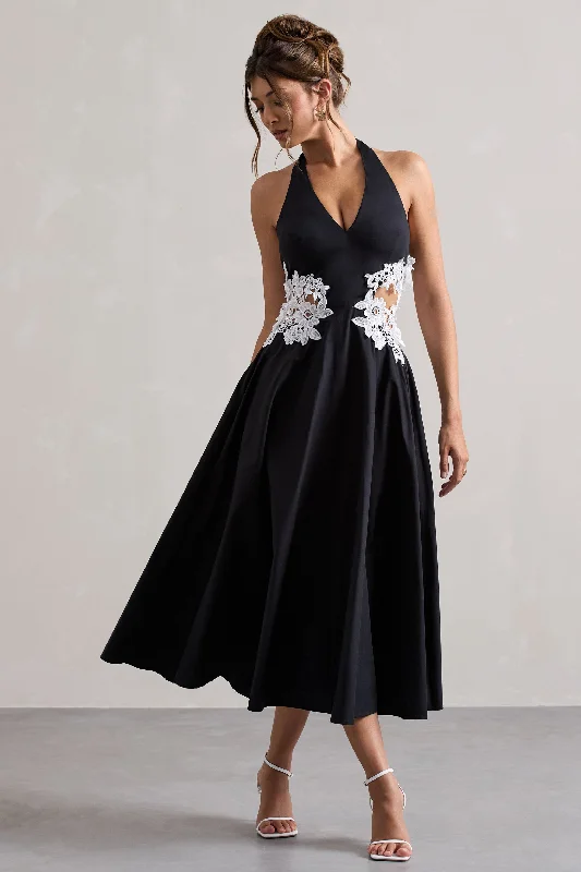 Pleated Women Dress with a Timeless and Elegant TextureWindermere | Black Plunge Midi Dress With Floral Cut-Out