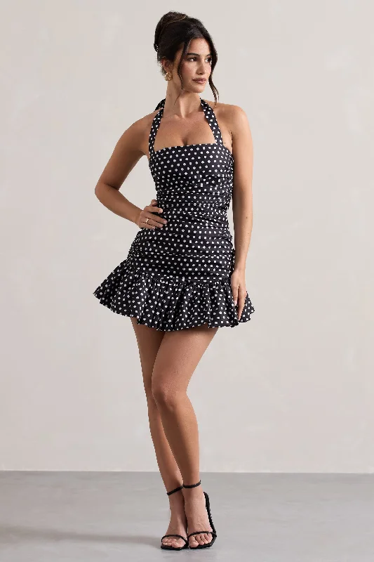 Empire Waist Women Dress to Accentuate the Bust and Conceal the WaistZahra | Black & White Polka Dot Halter-Neck Ruched Mini Dress With Ruffle Hem