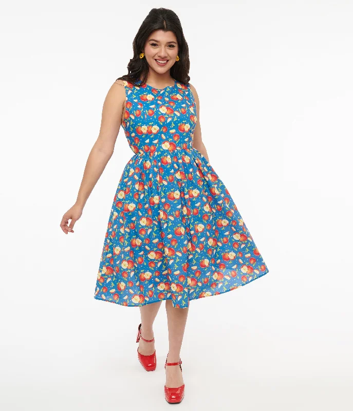 Printed Abstract Women Dress for a Modern and Artistic Appeal1950s Blue & Red Apple Print Cotton Swing Dress