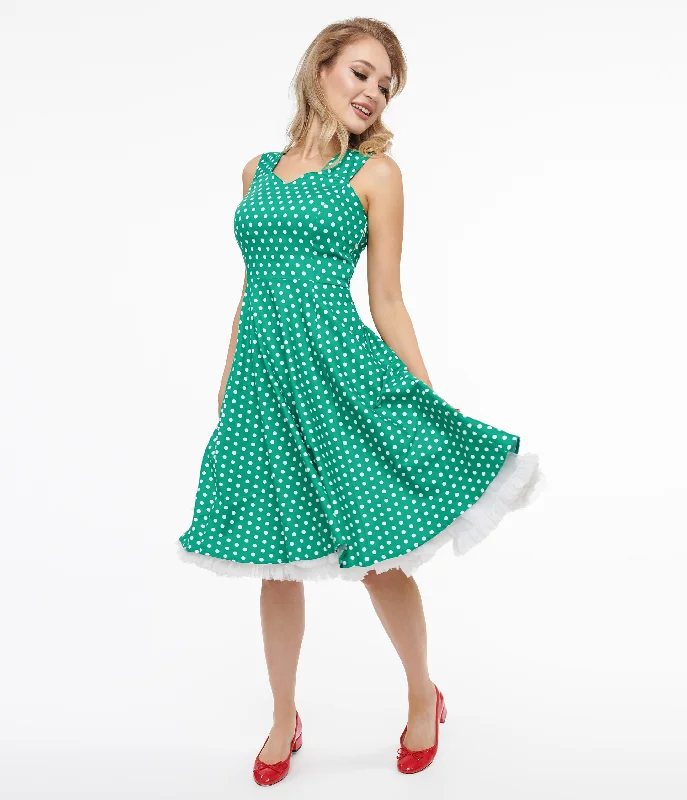 Sleeveless Women Dress in Bright Colors for Summer Parties1950s Green & White Polka Dot Cotton Swing Dress