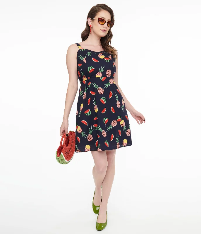 Ruffled Women Dress with Multiple Layers for a Playful and Girly StyleRuffled Women Dress with Multiple Layers for a Playful and Girly Style1950s Navy Fruit Print Fit & Flare Dress