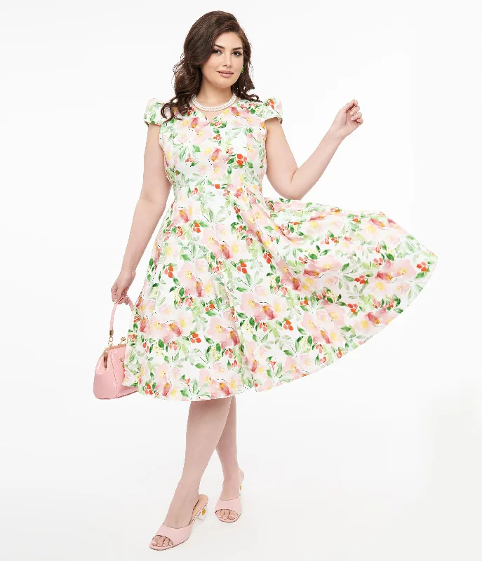 Sheath Women Dress with a Tailored Fit for a Professional Look1950s Pink & Green Floral Cotton Larisa Swing Dress