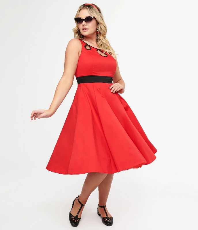 Pleated Women Dress with a Timeless and Elegant Texture1950s Red Keyhole Cotton Swing Dress