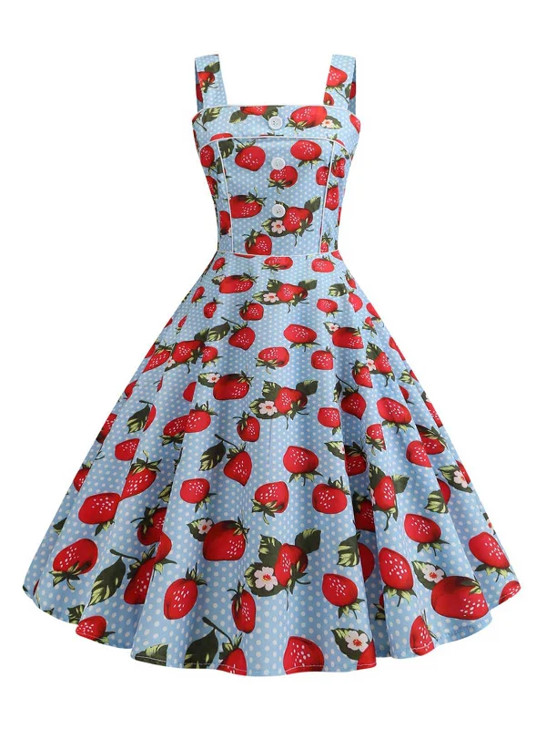 Printed Abstract Women Dress for a Modern and Artistic Appeal1950s Strap Strawberry Polka Dots Sleeveless Dress