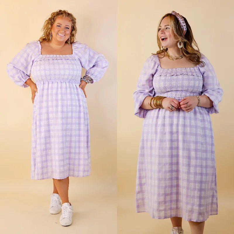 Mermaid - Style Women Dress with a Fitted Silhouette for Special Occasions Mermaid - Style Women Dress with a Fitted Silhouette for Special Occasions Adorable Impression Plaid Midi Dress with Smocked Bodice in Lavender Purple